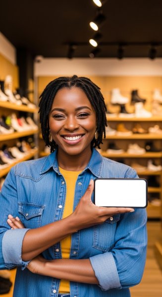 A black woman standing in her shoe shop holding a phone mockup #1