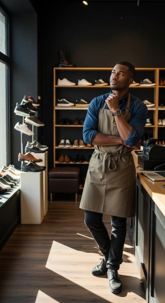 A young man standing in his shoe shop and thinking #1
