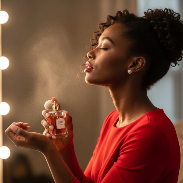 A black lady in red using a perfume with her eyes closed #3