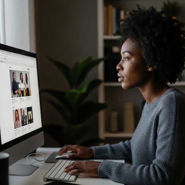 A black lady sitting behind her computer and looking at her website #2