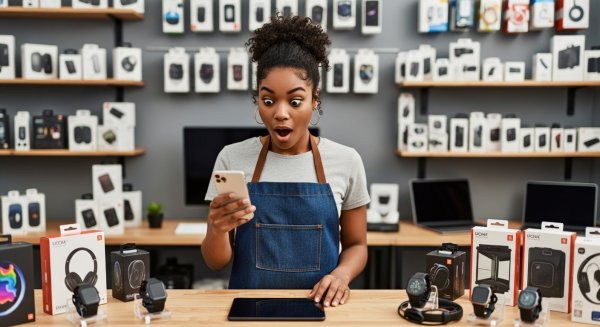 A pretty black lady in her electronics shop looking on her phone surprised #3
