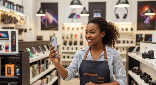 A pretty black lady in her electronics shop looking on her phone #1