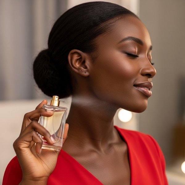 A black lady in red using a perfume with her eyes closed #2