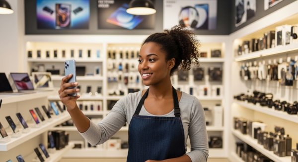 A pretty black lady in her electronics shop looking on her phone #3