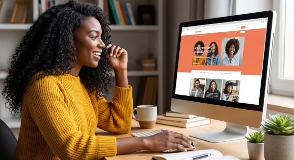 A black lady on her computer and looking at her website #3