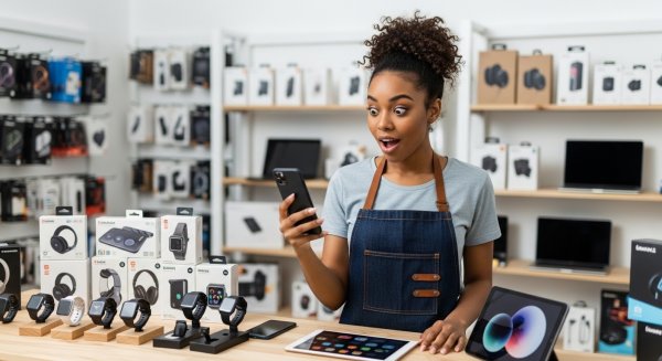 A pretty black lady in her electronics shop looking on her phone surprised #1