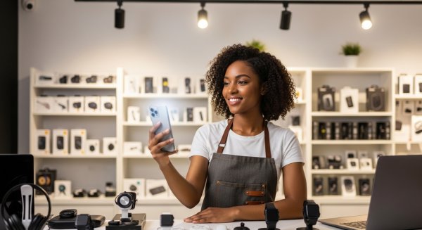 A pretty black lady in her electronics shop looking on her phone #2