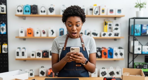 A pretty black lady in her electronics shop looking on her phone surprised #2