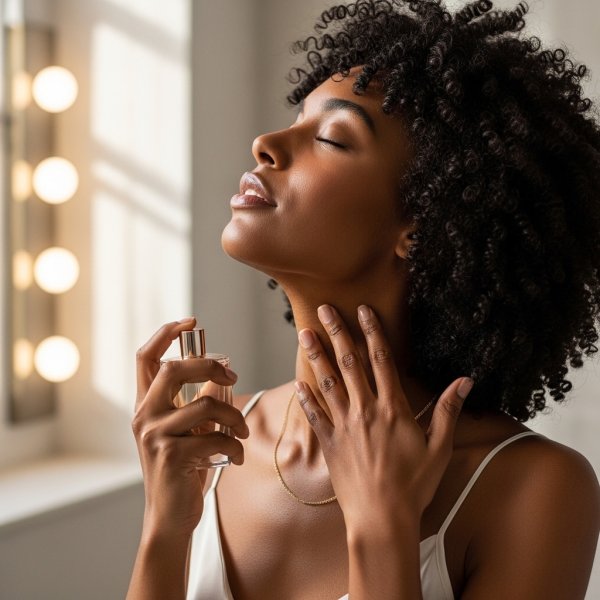 A black lady using a perfume with her eyes closed #4