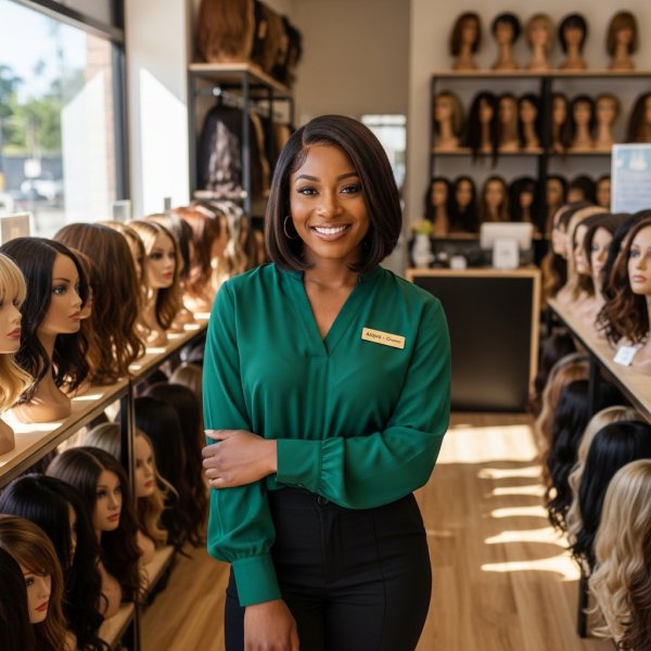 A black lady standing in her wig shop #3