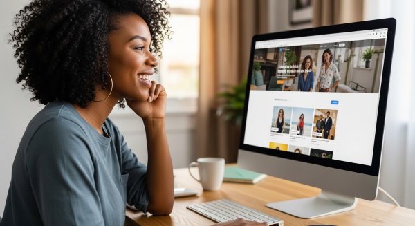 A black lady on her computer and looking at her website #1