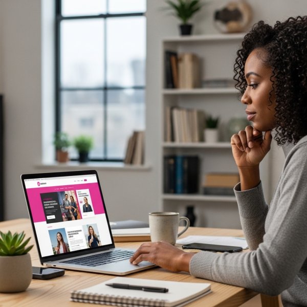 A black lady sitting behind her computer and looking at her website #3