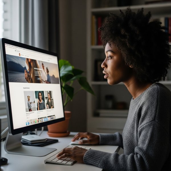 A black lady sitting behind her computer and looking at her website #1