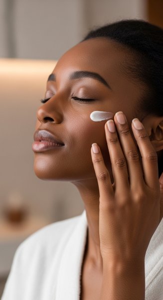 A black woman with her eyes closed using a cream on her face #2