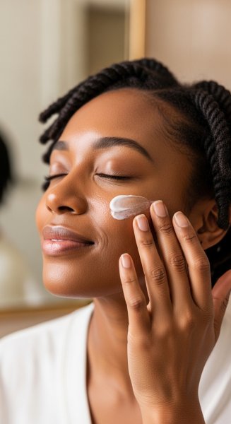 A black woman with her eyes closed using a cream on her face #3