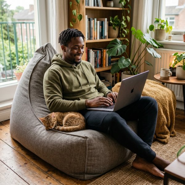 A young Black African man seated comfortably on a stylish bean bag chair, smiling while working on a laptop, with his pet cat